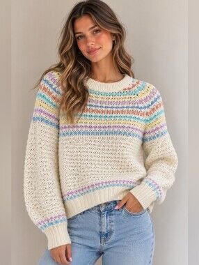 Vintahe Homemade Cream Open-Knit Sweater with Pastel Stripe Yoke